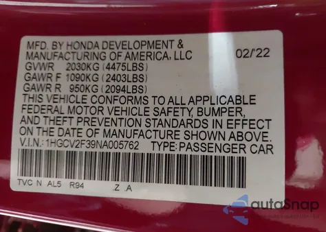 2022 Honda Accord Sport 2.0T z USA, uszkodzony, nr VIN 1HGCV2F39NA005762